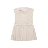 Beige Striped Strapless Corset Pleated Mini Dress